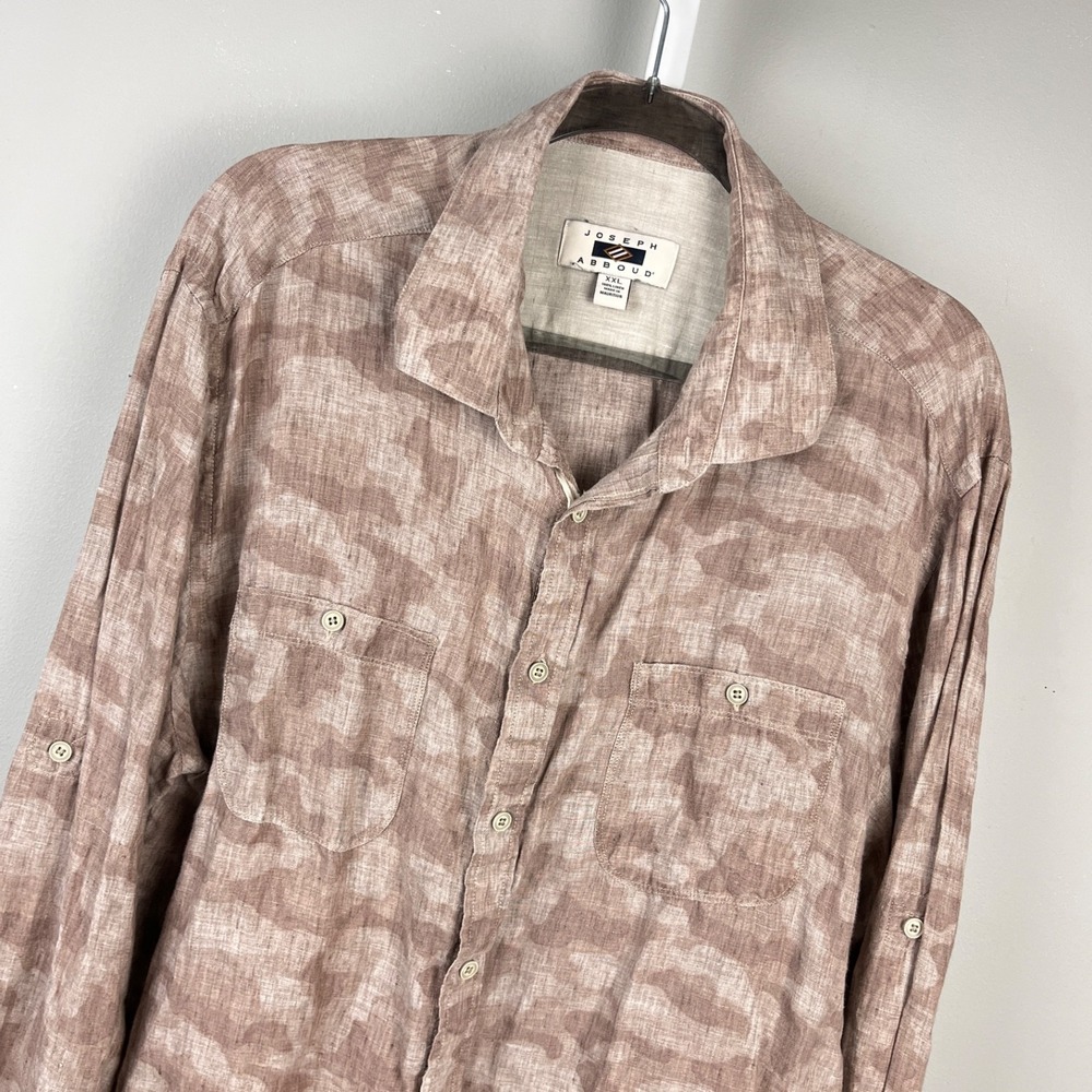 Joseph Abboud‎ 100% Linen Shirt Mens XXL Brown Camo Plaid Long Sleeve Button Up